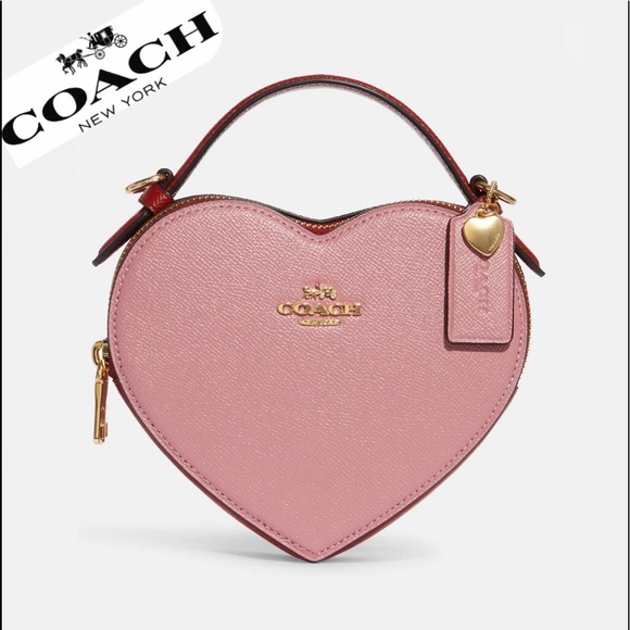 Coach Handbags - NWT COACH HEART CROSSBODY IN COLORBLOCK  LEATHER TOP HANDLE GOLD/TRUE PINK